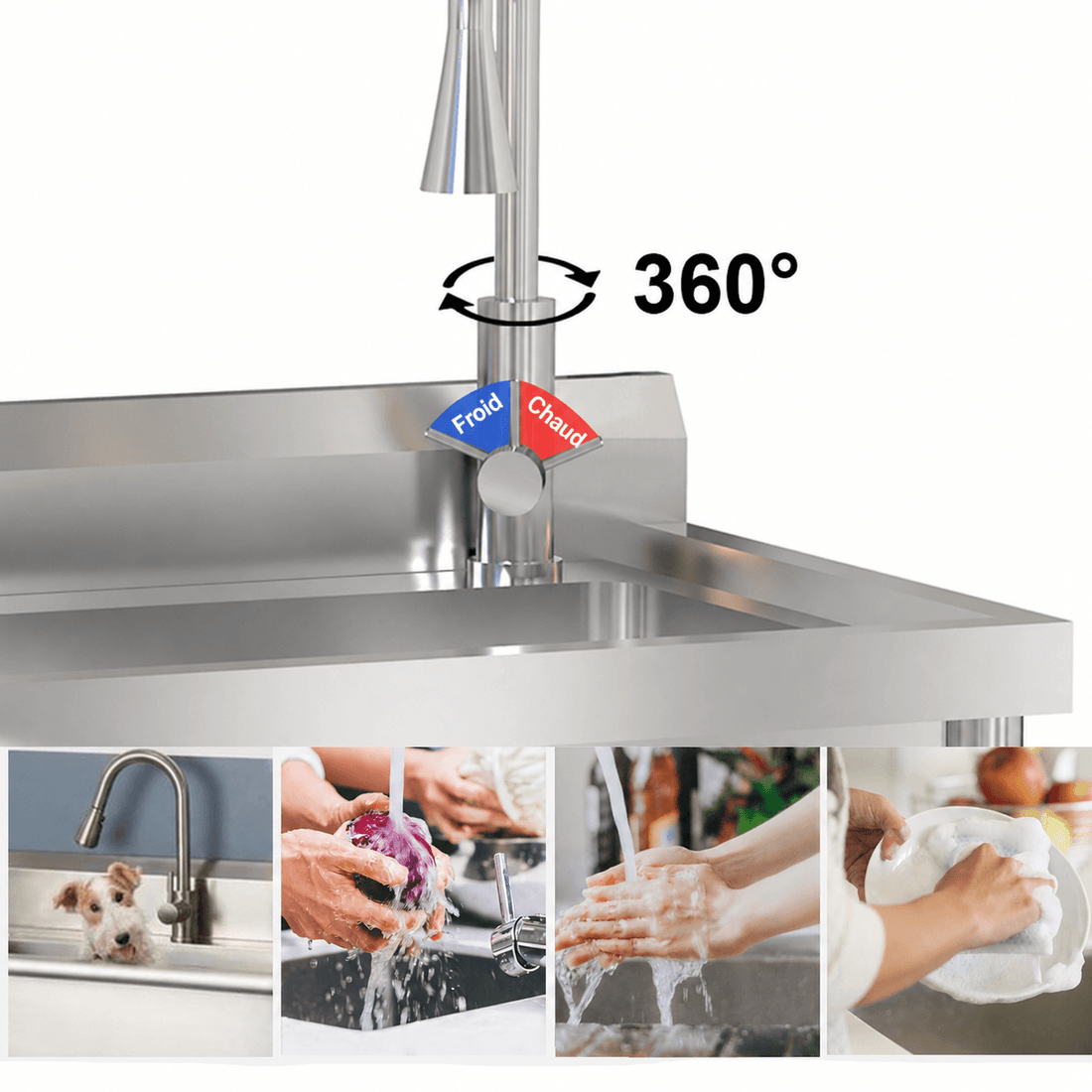 Garvee Évier utilitaire en inox 201/304, 1 bac 61 × 51 × 107 cm, robinet extractible eau chaude et froide, pour cuisine et jardin