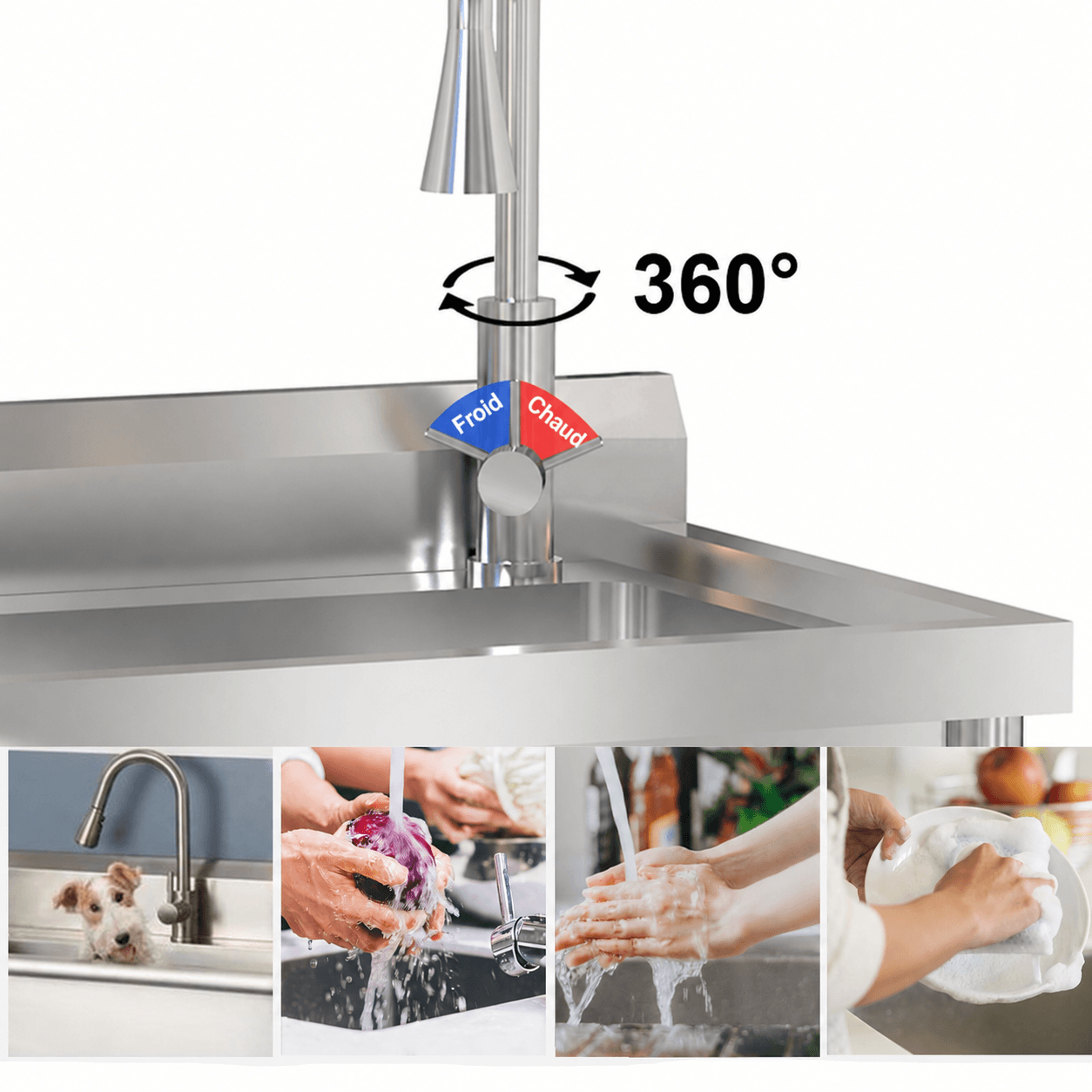 Garvee Évier utilitaire en inox 201/304, 1 bac 61 × 51 × 107 cm, robinet extractible eau chaude et froide, pour cuisine et jardin