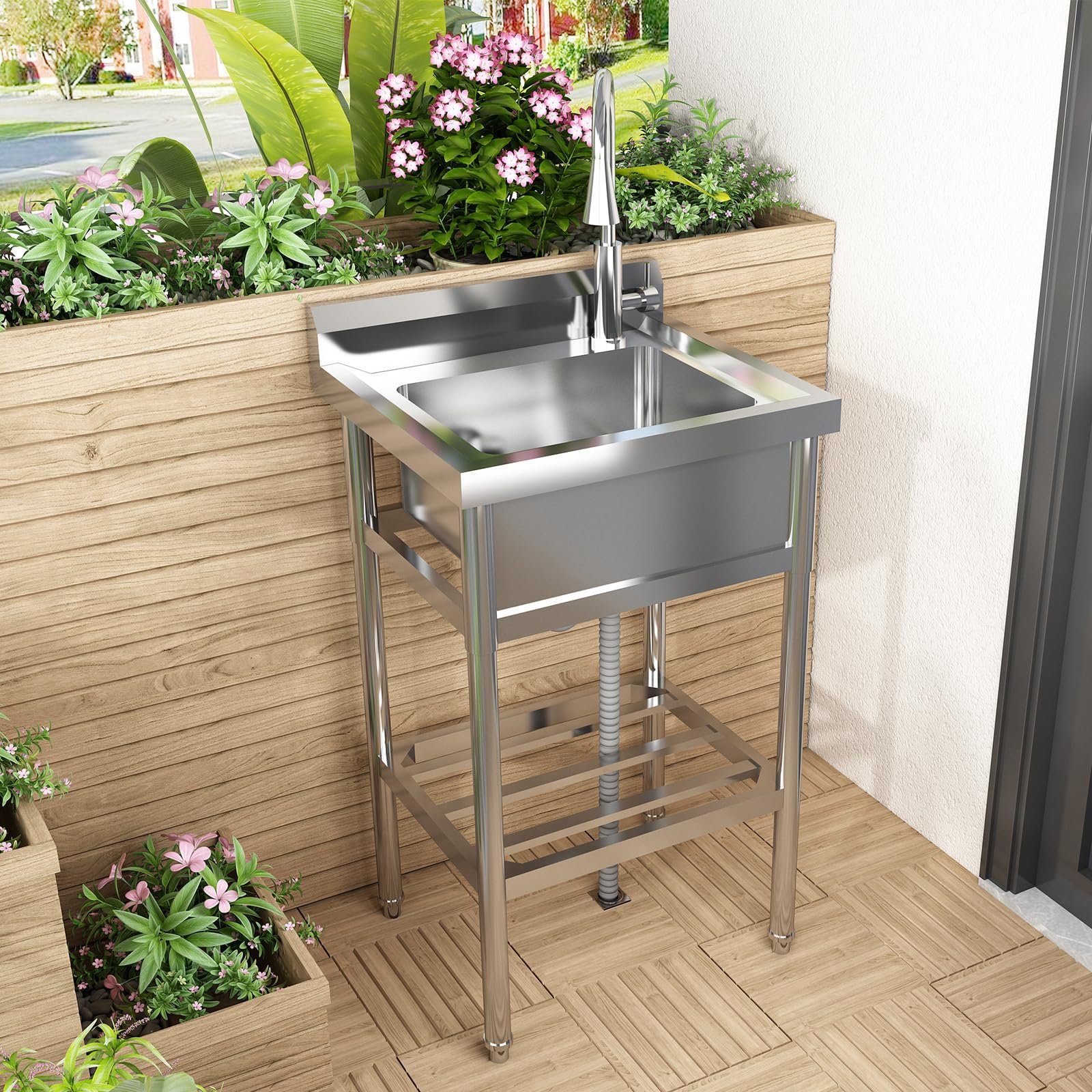 Garvee Évier utilitaire en inox 201/304, 1 bac 61 × 51 × 107 cm, robinet extractible eau chaude et froide, pour cuisine et jardin