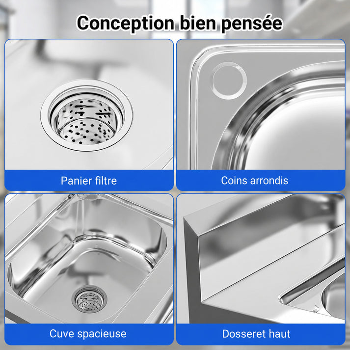 Conception bien pensée : panier filtre, coins arrondis, cuve spacieuse et dosseret haut anti‑éclaboussures