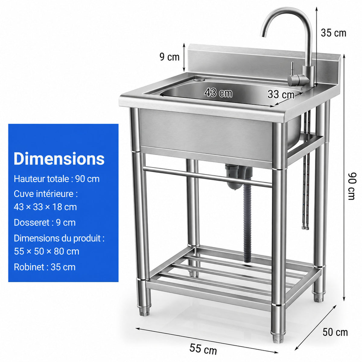 Garvee Évier en Inox 304, L. 55 × P. 50 × H. 80 cm, Grande Cuve avec Dosseret Anti-Éclaboussures, Robinet Pivotant à 360°, Installation Facile, pour Cuisine et Buanderie