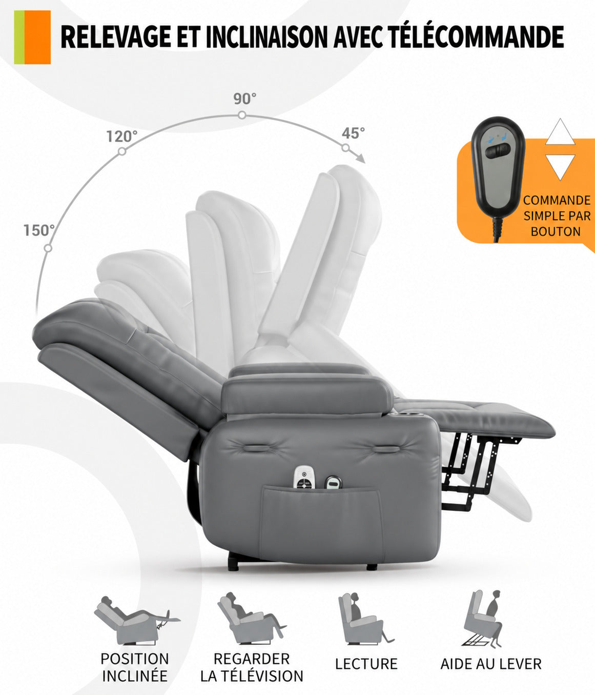 Garvee Fauteuil Releveur Électrique avec Massage et Chauffage, Inclinable et Réglable, Revêtement en Similicuir, pour Seniors et Personnes à Mobilité Réduite, 95 × 95 × 104 cm, Gris