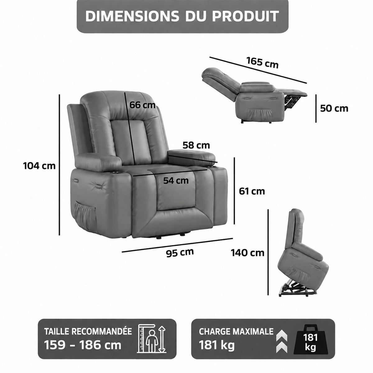 Garvee Fauteuil Releveur Électrique avec Massage et Chauffage, Inclinable et Réglable, Revêtement en Similicuir, pour Seniors et Personnes à Mobilité Réduite, 95 × 95 × 104 cm, Gris
