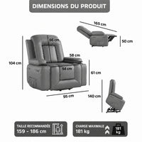 Garvee Fauteuil Releveur Électrique avec Massage et Chauffage, Inclinable et Réglable, Revêtement en Similicuir, pour Seniors et Personnes à Mobilité Réduite, 95 × 95 × 104 cm, Gris