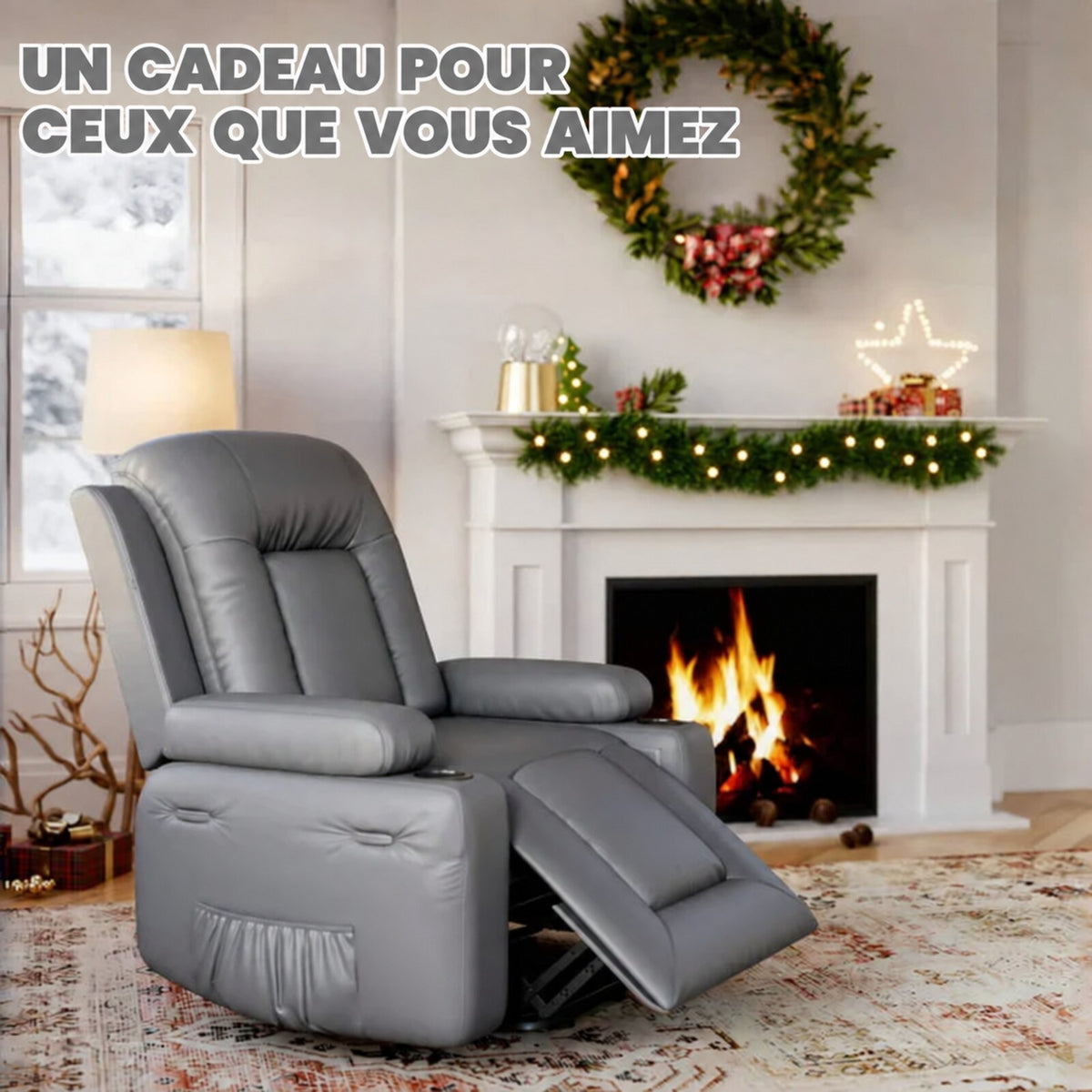 Garvee Fauteuil Releveur Électrique avec Massage et Chauffage, Inclinable et Réglable, Revêtement en Similicuir, pour Seniors et Personnes à Mobilité Réduite, 95 × 95 × 104 cm, Gris