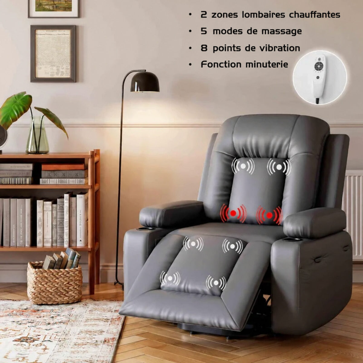 Garvee Fauteuil Releveur Électrique avec Massage et Chauffage, Inclinable et Réglable, Revêtement en Similicuir, pour Seniors et Personnes à Mobilité Réduite, 95 × 95 × 104 cm, Gris