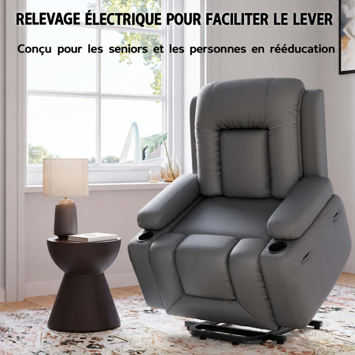 Garvee Fauteuil Releveur Électrique avec Massage et Chauffage, Inclinable et Réglable, Revêtement en Similicuir, pour Seniors et Personnes à Mobilité Réduite, 95 × 95 × 104 cm, Gris