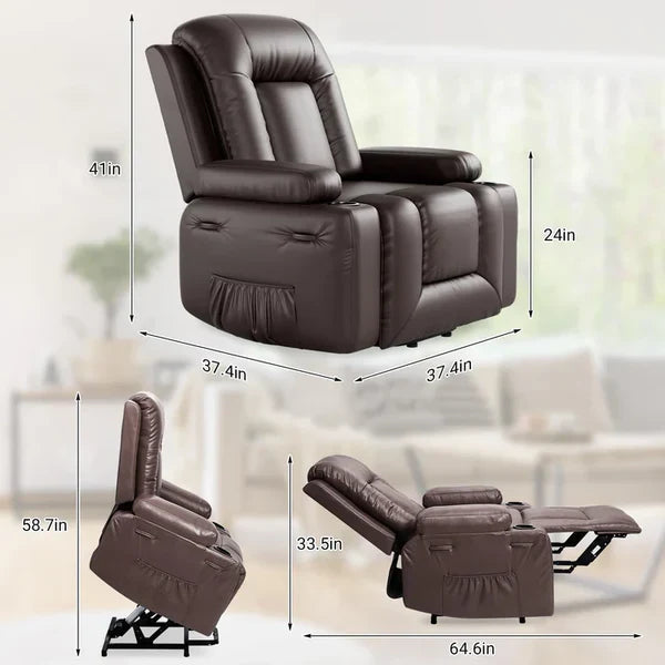 Garvee Fauteuil Releveur Électrique avec Massage et Chauffage, Inclinable et Réglable, Revêtement en Similicuir, pour Seniors et Personnes à Mobilité Réduite, 95 × 95 × 104 cm, Marron