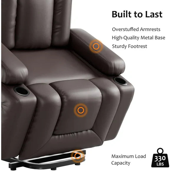 Garvee Fauteuil Releveur Électrique avec Massage et Chauffage, Inclinable et Réglable, Revêtement en Similicuir, pour Seniors et Personnes à Mobilité Réduite, 95 × 95 × 104 cm, Marron