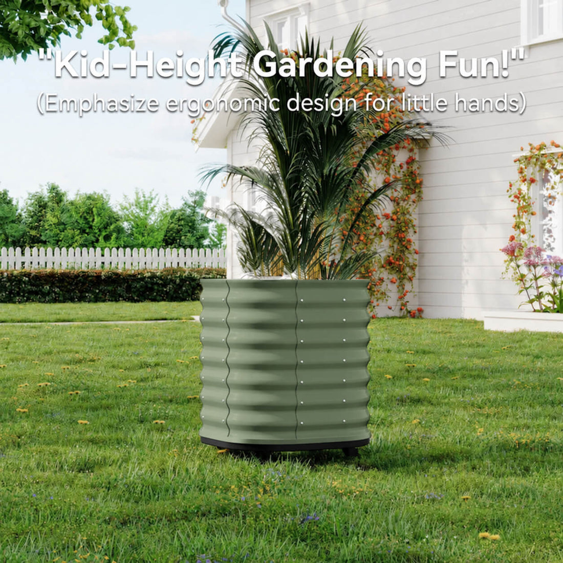 Garvee Bac de Jardin Surélevé Galvanisé 60 × 60 × 70 cm, avec Roues Verrouillables et Réservoir d’Eau, Portable et Antirouille, pour Balcon et Jardin, Vert gris