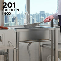 Garvee Évier de Cuisine sur Pied en Inox 1 Bac 71 × 50 × 87 cm, Acier Inoxydable 201, Robinet Pivotant à 360° Eau Chaude/Froide, pour Usage Professionnel et Extérieur