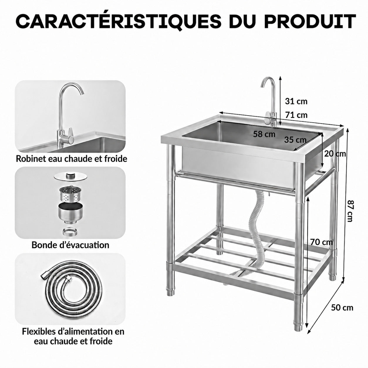 Garvee Évier de Cuisine sur Pied en Inox 1 Bac 71 × 50 × 87 cm, Acier Inoxydable 201, Robinet Pivotant à 360° Eau Chaude/Froide, pour Usage Professionnel et Extérieur