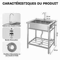 Garvee Évier de Cuisine sur Pied en Inox 1 Bac 71 × 50 × 87 cm, Acier Inoxydable 201, Robinet Pivotant à 360° Eau Chaude/Froide, pour Usage Professionnel et Extérieur