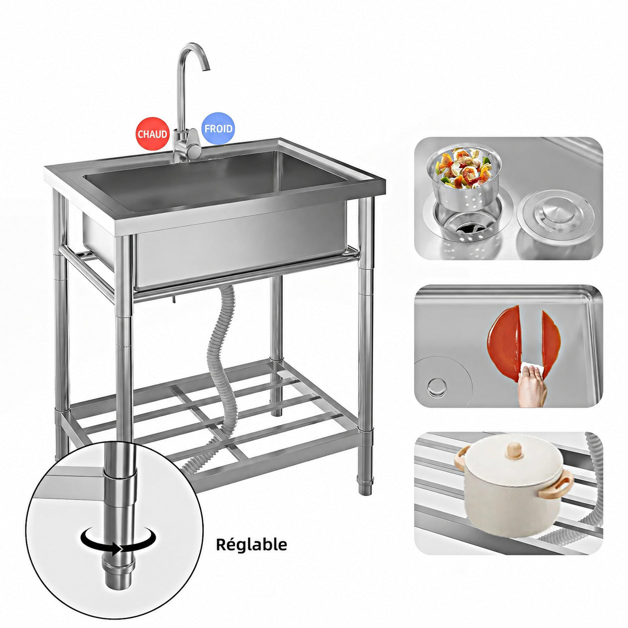 Garvee Évier de Cuisine sur Pied en Inox 1 Bac 71 × 50 × 87 cm, Acier Inoxydable 201, Robinet Pivotant à 360° Eau Chaude/Froide, pour Usage Professionnel et Extérieur