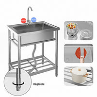 Garvee Évier de Cuisine sur Pied en Inox 1 Bac 71 × 50 × 87 cm, Acier Inoxydable 201, Robinet Pivotant à 360° Eau Chaude/Froide, pour Usage Professionnel et Extérieur
