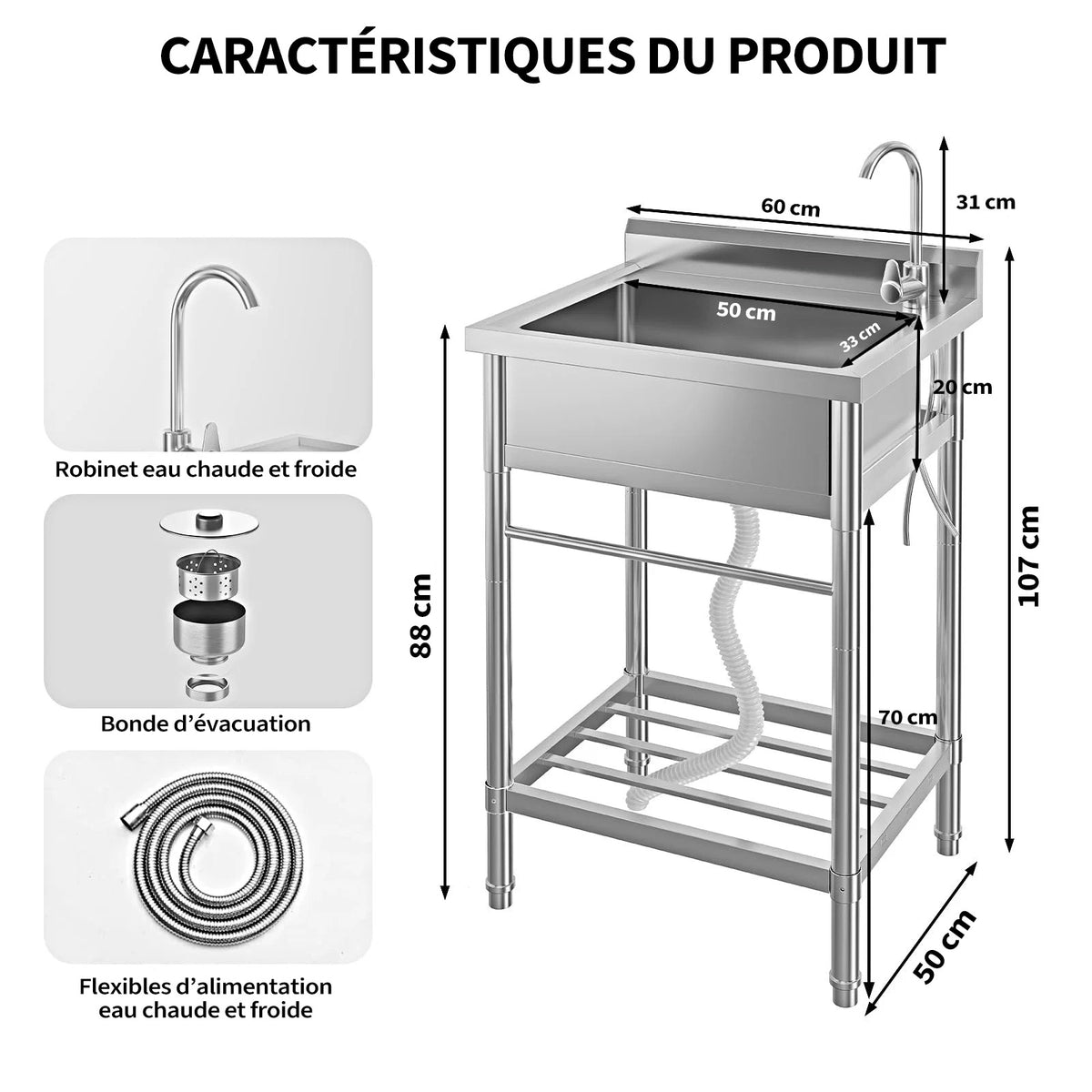 Garvee Évier sur Pieds en Acier Inoxydable 304, L. 60 × P. 50 × H. 107 cm, 1 Bac avec Robinet Eau Chaude et Froide, Pieds Réglables, pour Cuisine et Buanderie