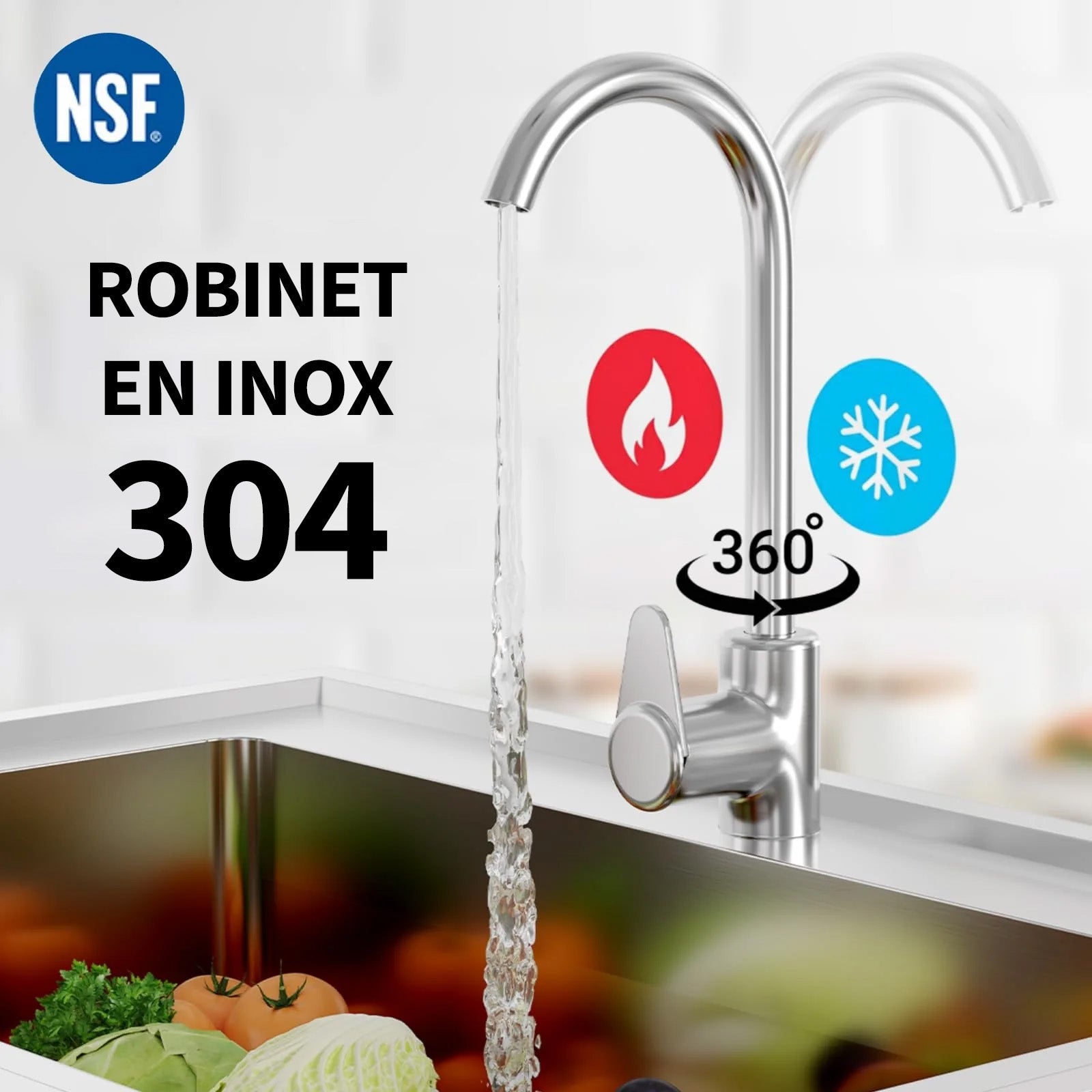 Garvee Évier sur Pieds en Acier Inoxydable 304, L. 60 × P. 50 × H. 107 cm, 1 Bac avec Robinet Eau Chaude et Froide, Pieds Réglables, pour Cuisine et Buanderie