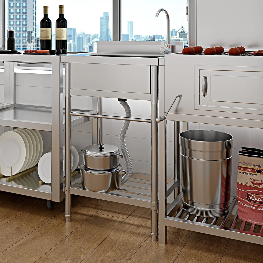 Garvee Évier sur Pieds en Acier Inoxydable 304, L. 60 × P. 50 × H. 107 cm, 1 Bac avec Robinet Eau Chaude et Froide, Pieds Réglables, pour Cuisine et Buanderie