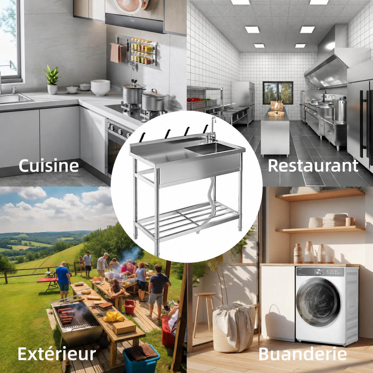 Garvee Évier sur Pieds 1 Bac en Inox 304, L. 99 × P. 50 cm, avec Robinet Pivotant à 360°, Finition Polie, pour Cuisine Extérieure