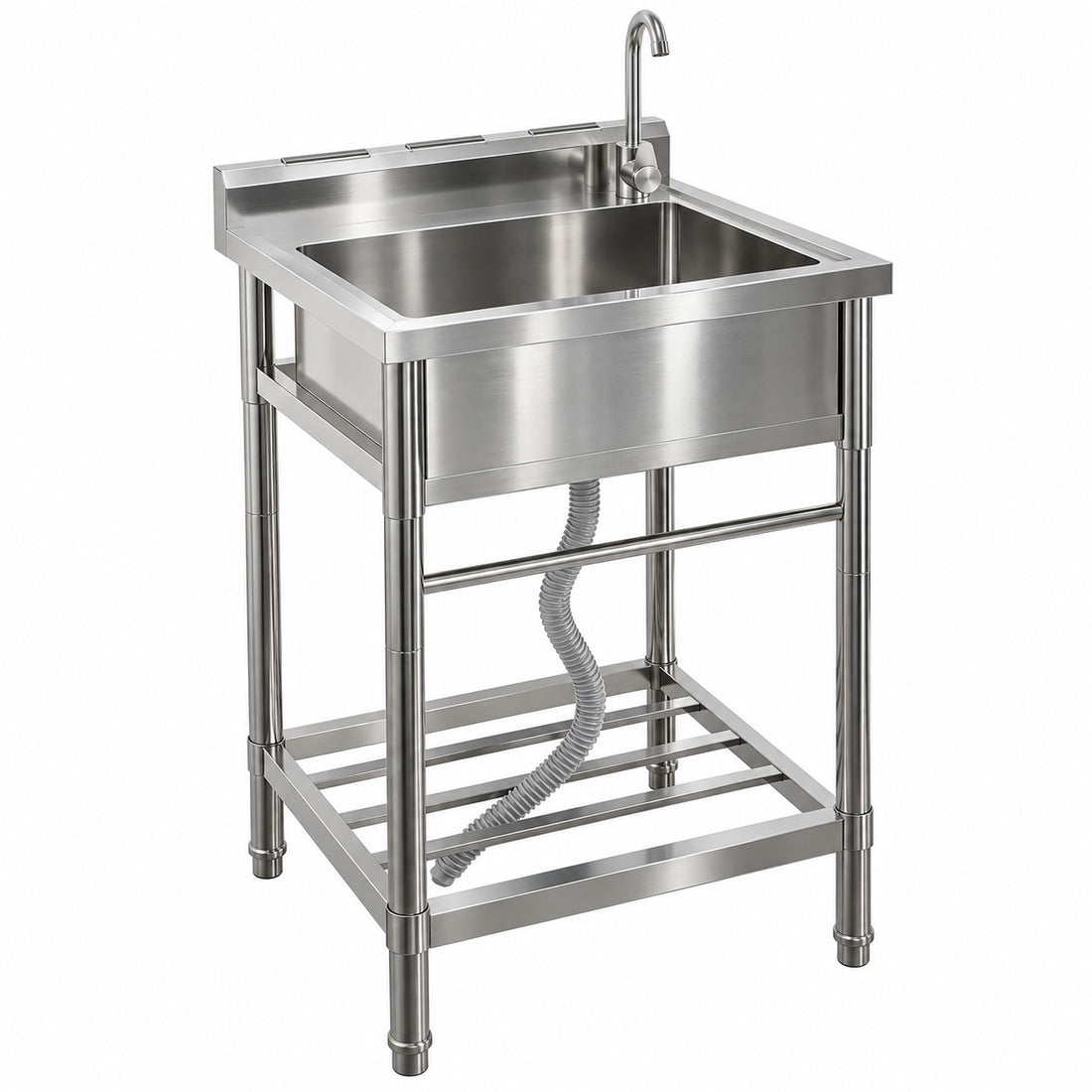 Garvee Évier sur Pieds en Acier Inoxydable 304, L. 60 × P. 50 × H. 107 cm, 1 Bac avec Robinet Eau Chaude et Froide, Pieds Réglables, pour Cuisine et Buanderie