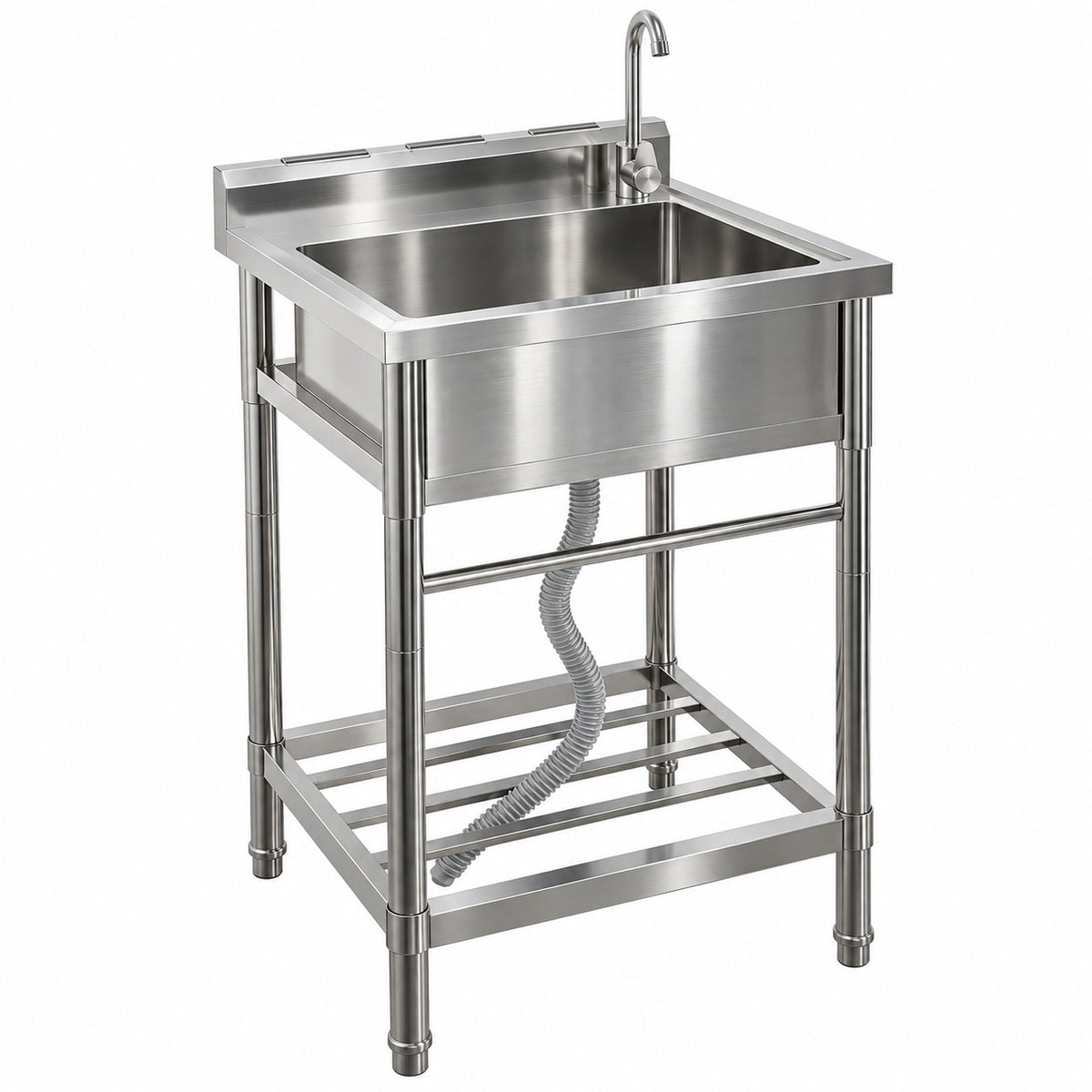 Garvee Évier sur Pieds en Acier Inoxydable 304, L. 60 × P. 50 × H. 107 cm, 1 Bac avec Robinet Eau Chaude et Froide, Pieds Réglables, pour Cuisine et Buanderie