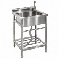 Garvee Évier sur Pieds en Acier Inoxydable 304, L. 60 × P. 50 × H. 107 cm, 1 Bac avec Robinet Eau Chaude et Froide, Pieds Réglables, pour Cuisine et Buanderie
