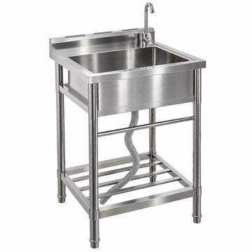 Garvee Évier sur Pieds en Acier Inoxydable 304, L. 60 × P. 50 × H. 107 cm, 1 Bac avec Robinet Eau Chaude et Froide, Pieds Réglables, pour Cuisine et Buanderie