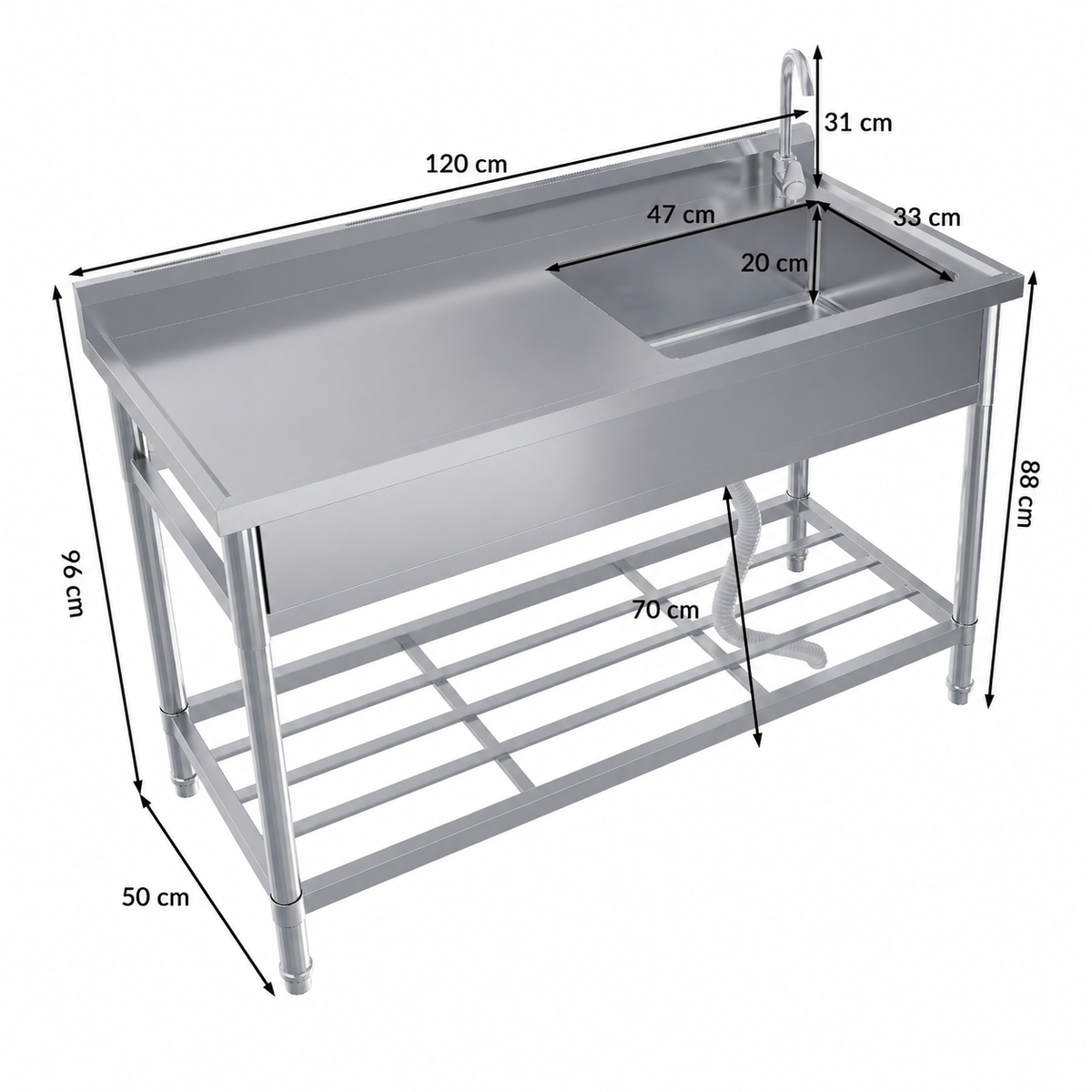 Garvee Évier sur Pieds 1 Bac en Inox 304, L. 119 × P. 51 × H. 94 cm, avec Robinet Pivotant et Pieds Réglables, pour Cuisine, Buanderie et Usage Professionnel