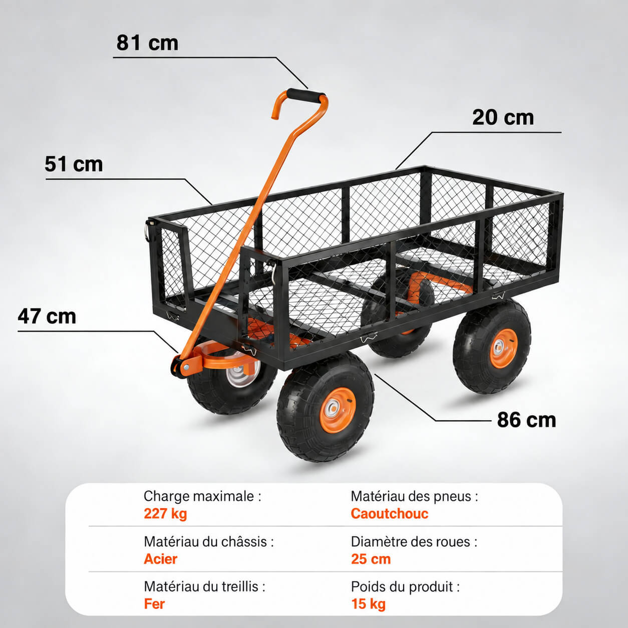 Garvee Chariot de Jardin en Acier Robuste, Capacité de Charge de 227 kg, Côtés Amovibles, Pneus de 25 cm, pour Cour, Pelouse et Jardin