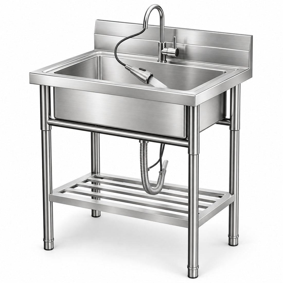 Garvee Évier Utilitaire sur Pied en Inox 304, Mitigeur Thermostatique, 50 × 50 × 85 cm, pour Cuisine et Extérieur, Argenté