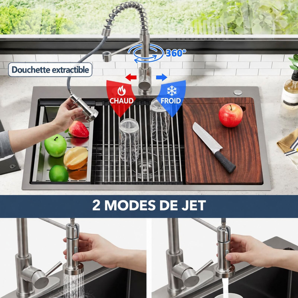 Garvee Évier à Encastrer en Acier Inoxydable 76 × 46 cm, 1 Cuve Profonde de 23 cm avec Kit d’Accessoires, pour Cuisine et Bar, Gris Argenté