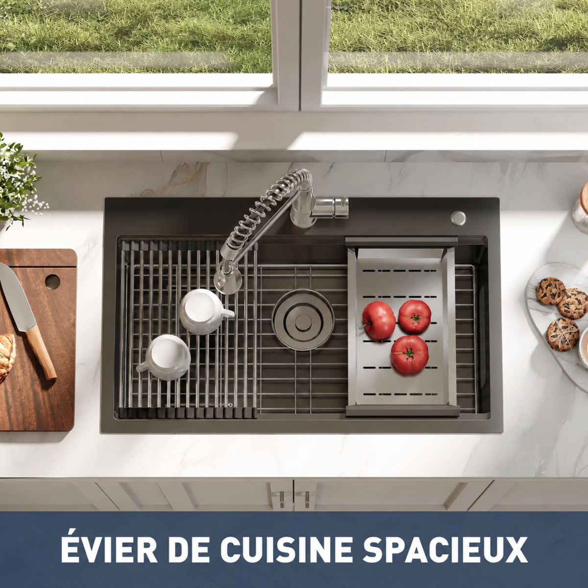 Garvee Évier à Encastrer en Acier Inoxydable 76 × 46 cm, 1 Cuve Profonde de 23 cm avec Kit d’Accessoires, pour Cuisine et Bar, Gris Argenté
