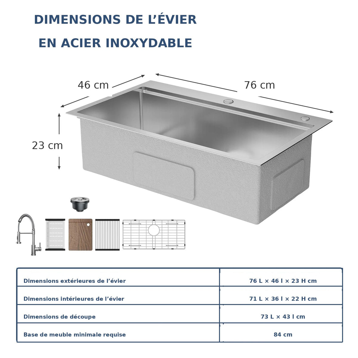 Garvee Évier Encastrable en Acier Inoxydable, 76 × 46 cm, Cuve Simple de 23 cm de Profondeur, avec Kit d’Accessoires, pour Cuisine, Bar et Atelier