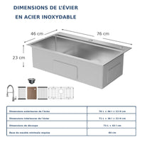 Garvee Évier Encastrable en Acier Inoxydable, 76 × 46 cm, Cuve Simple de 23 cm de Profondeur, avec Kit d’Accessoires, pour Cuisine, Bar et Atelier