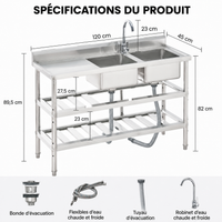 Garvee évier utilitaire autoportant en acier inoxydable 120 × 45 × 82 cm, bac profond et cadre robuste
