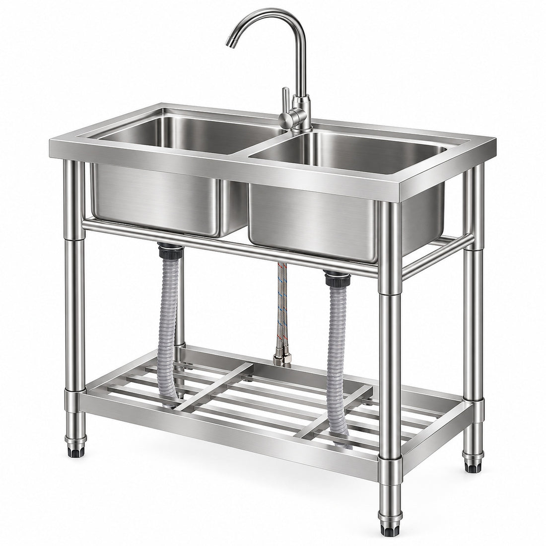 Garvee Évier Inox 2 Bacs avec Robinet Pivotant 360° et Tuyau de Vidange Durable, pour Maison, Bureau, Cuisine et Extérieur, 84 × 46 × 76 cm