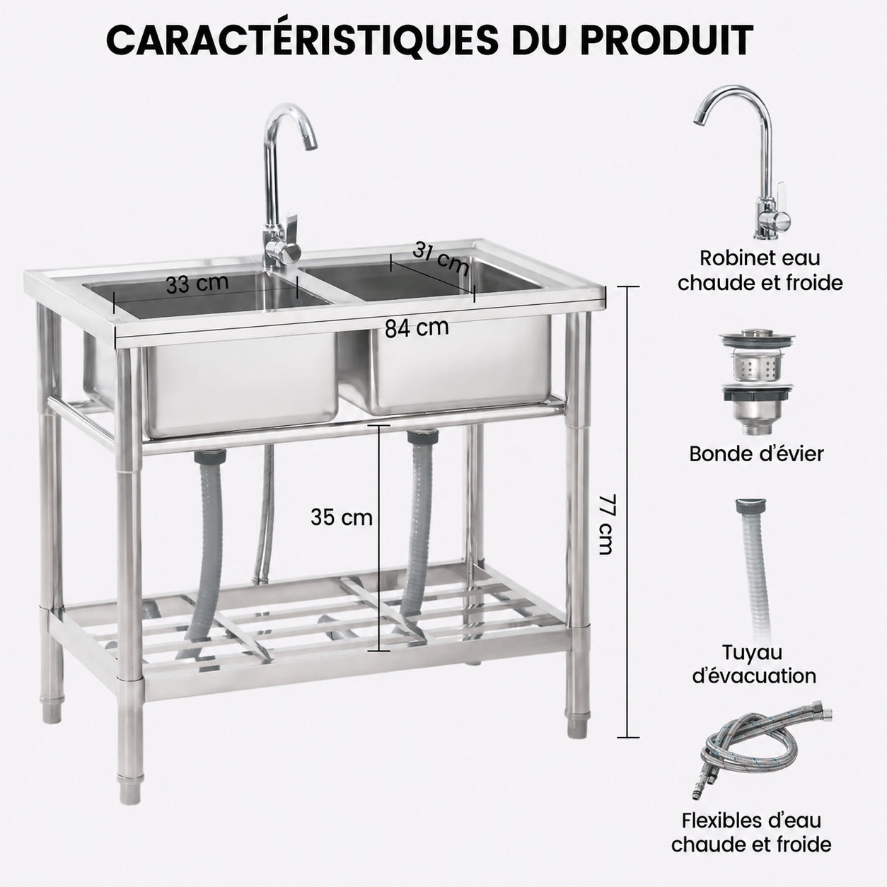 Garvee Évier sur pied 2 bacs 84 × 46 × 76 cm en inox 304, robinet pivotant eau chaude/froide, pieds réglables et étagères, argenté