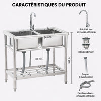 Garvee Évier sur pied 2 bacs 84 × 46 × 76 cm en inox 304, robinet pivotant eau chaude/froide, pieds réglables et étagères, argenté