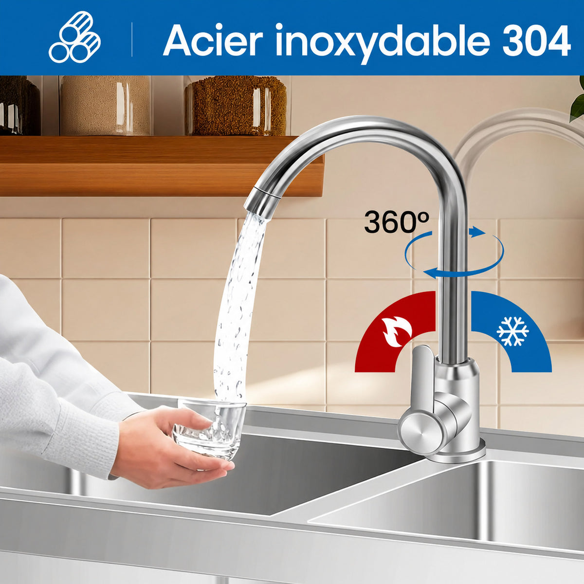 Garvee Évier sur pied 2 bacs 84 × 46 × 76 cm en inox 304, robinet pivotant eau chaude/froide, pieds réglables et étagères, argenté