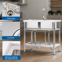 Garvee Évier sur pied 2 bacs 84 × 46 × 76 cm en inox 304, robinet pivotant eau chaude/froide, pieds réglables et étagères, argenté