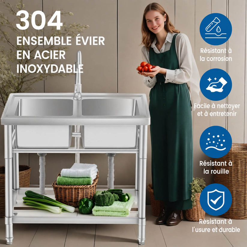 Évier Garvee sur pied en acier inoxydable 304 avec finition polie