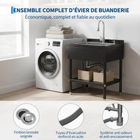 Garvee Évier Utilitaire en Acier Inoxydable 304 Noir, L. 65 × P. 53 × H. 100 cm, Grande Cuve Profonde avec Robinet Pivotant à 360° et Douchette Extractible, pour Garage, Buanderie et Atelier