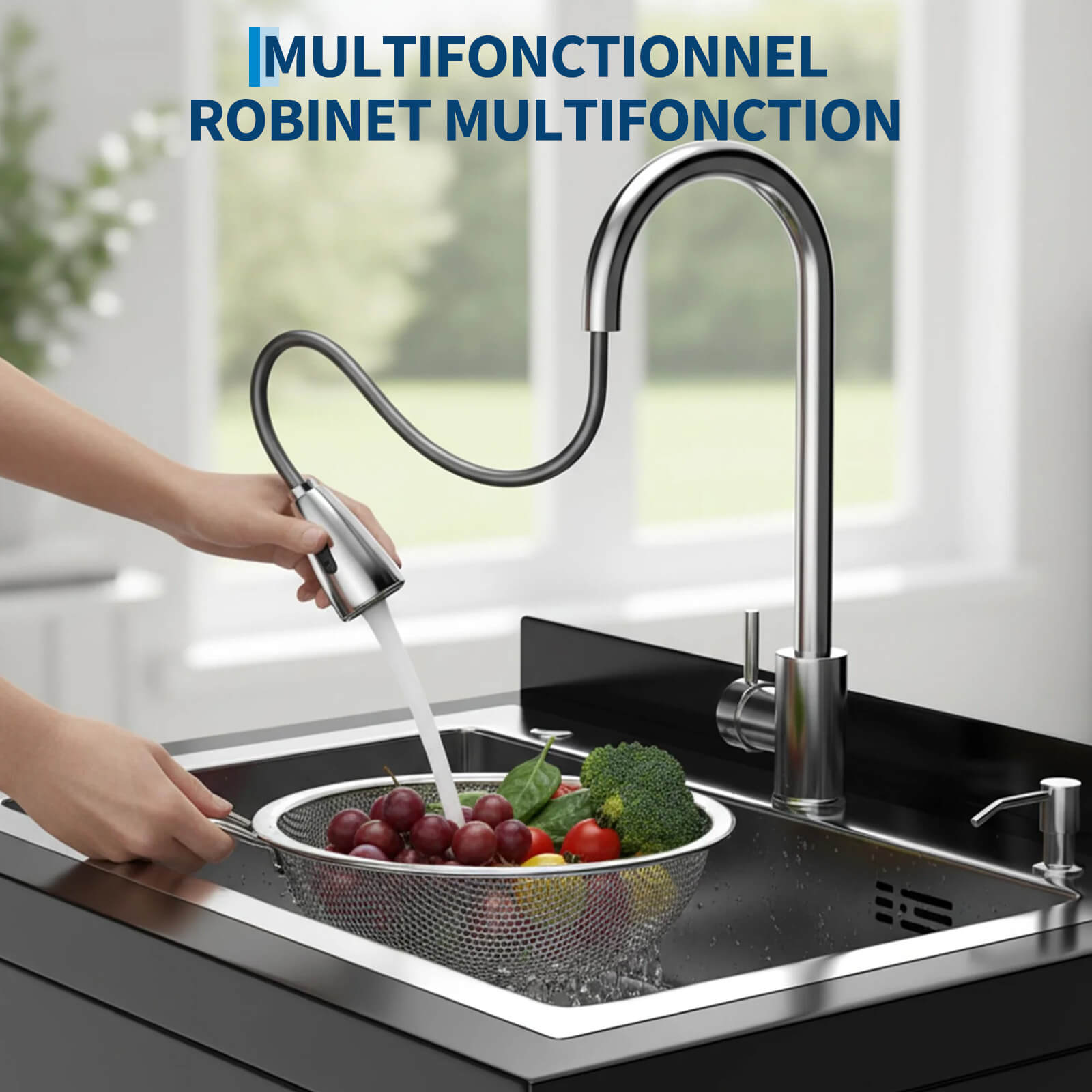 Garvee Évier Utilitaire en Acier Inoxydable 304 Noir, L. 65 × P. 53 × H. 100 cm, Grande Cuve Profonde avec Robinet Pivotant à 360° et Douchette Extractible, pour Garage, Buanderie et Atelier