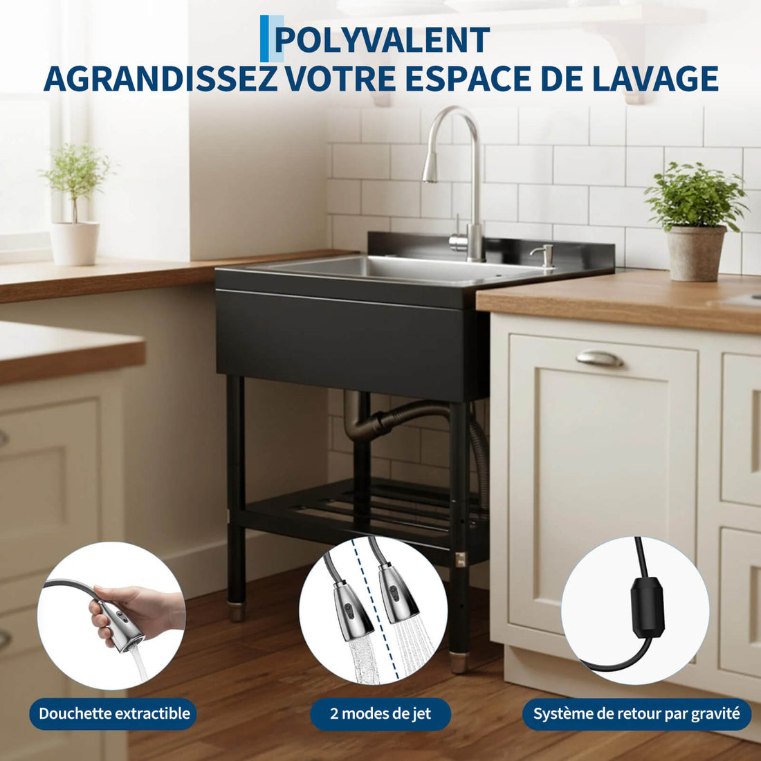 Garvee Évier Utilitaire en Acier Inoxydable 304 Noir, L. 65 × P. 53 × H. 100 cm, Grande Cuve Profonde avec Robinet Pivotant à 360° et Douchette Extractible, pour Garage, Buanderie et Atelier