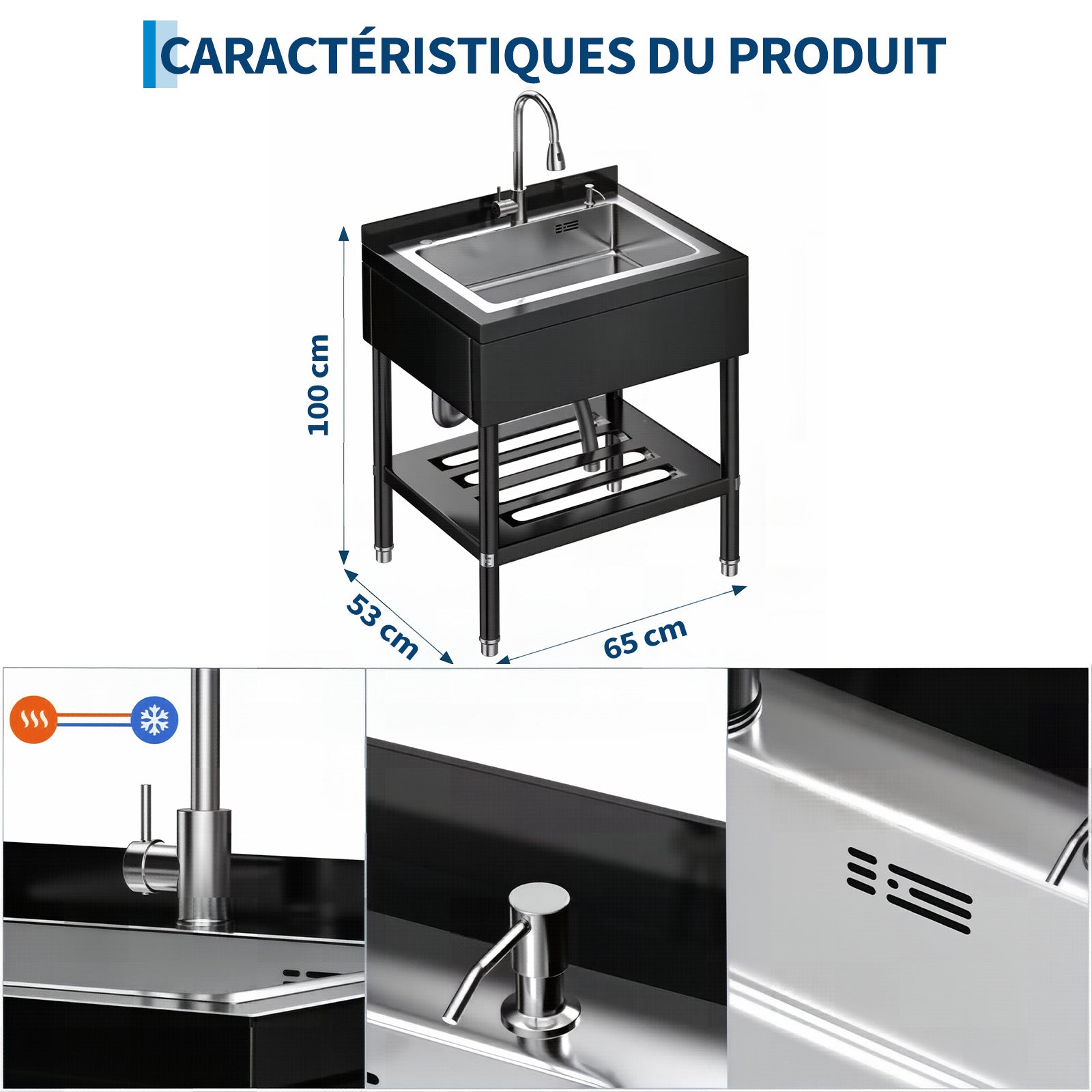 Garvee Évier Utilitaire en Acier Inoxydable 304 Noir, L. 65 × P. 53 × H. 100 cm, Grande Cuve Profonde avec Robinet Pivotant à 360° et Douchette Extractible, pour Garage, Buanderie et Atelier