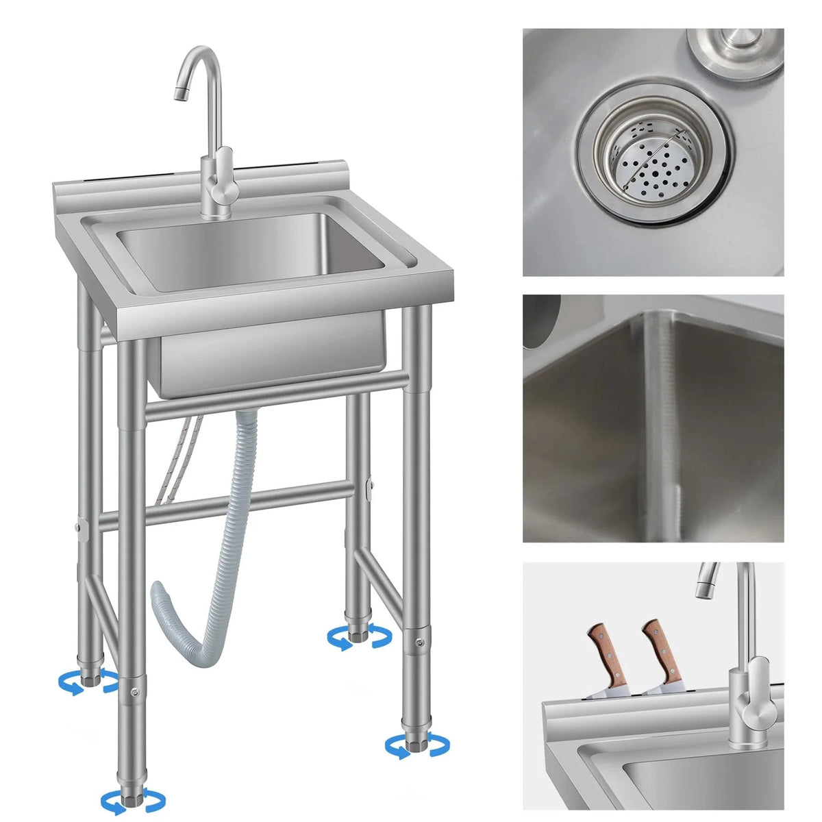 Garvee Évier Utilitaire sur Pieds en Acier Inoxydable 201, L. 50 × P. 50 × H. 80 cm, 1 Bac avec Robinet, Structure Ouverte Sans Étagère Inférieure, pour Cuisine, Buanderie et Garage