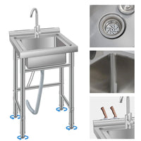 Garvee Évier Utilitaire sur Pieds en Acier Inoxydable 201, L. 50 × P. 50 × H. 80 cm, 1 Bac avec Robinet, Structure Ouverte Sans Étagère Inférieure, pour Cuisine, Buanderie et Garage
