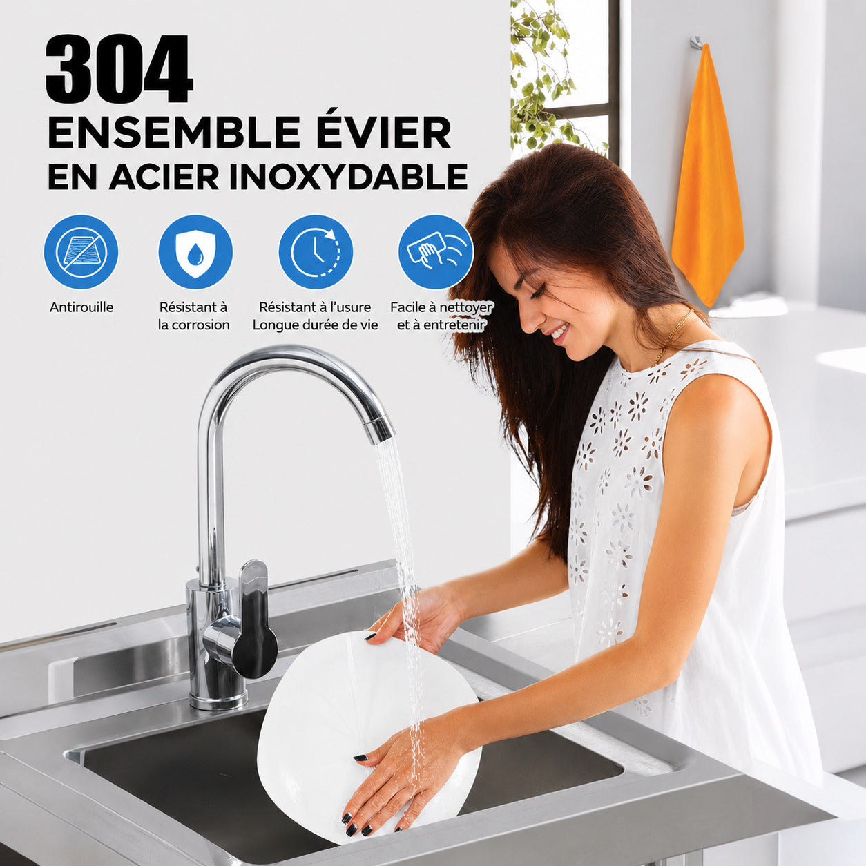 Garvee Évier Utilitaire sur Pieds en Acier Inoxydable 201, L. 50 × P. 50 × H. 80 cm, 1 Bac avec Robinet, Structure Ouverte Sans Étagère Inférieure, pour Cuisine, Buanderie et Garage