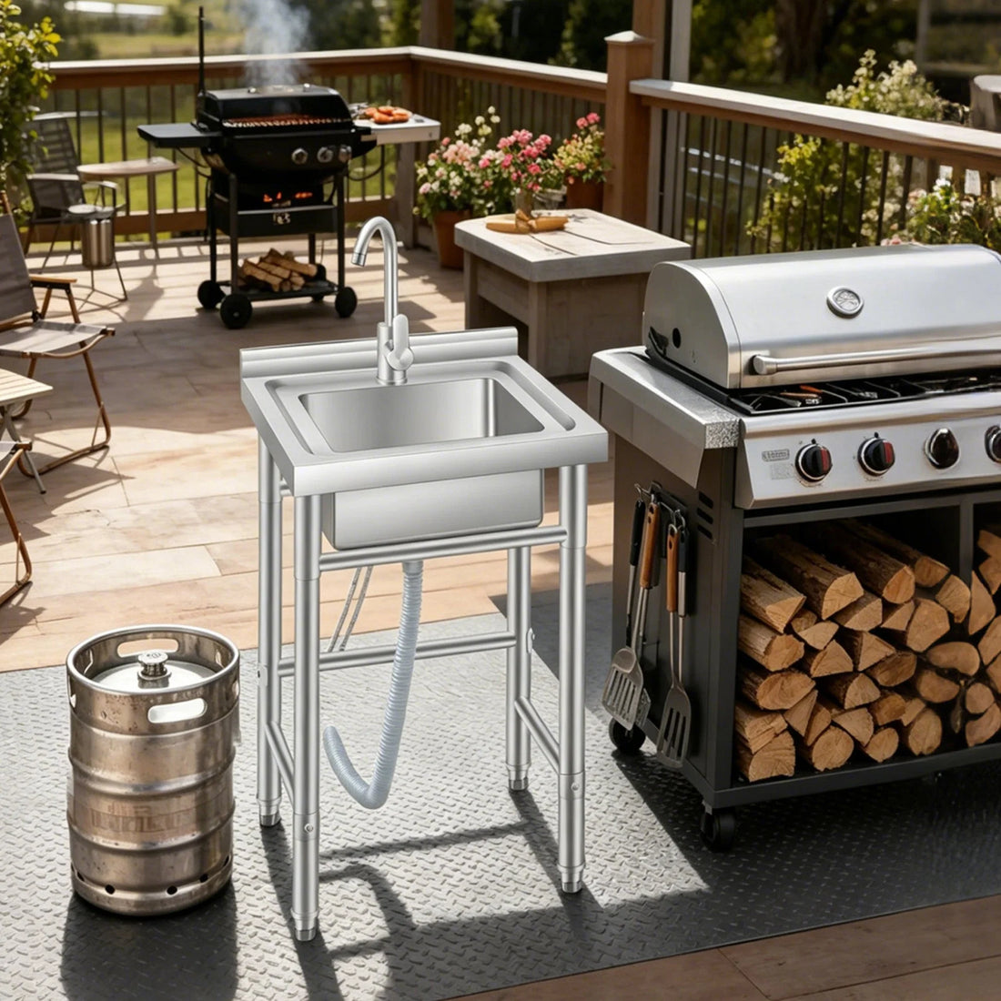 Garvee Évier Utilitaire sur Pieds en Acier Inoxydable 201, L. 50 × P. 50 × H. 80 cm, 1 Bac avec Robinet, Structure Ouverte Sans Étagère Inférieure, pour Cuisine, Buanderie et Garage