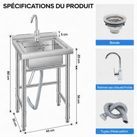 Garvee Évier Utilitaire sur Pieds en Acier Inoxydable 201, L. 50 × P. 50 × H. 80 cm, 1 Bac avec Robinet, Structure Ouverte Sans Étagère Inférieure, pour Cuisine, Buanderie et Garage